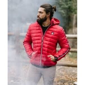 Zyia Active Mens Red East Coast Kal Stripe Puffy Coat Hooded Puffer Jacket XXL